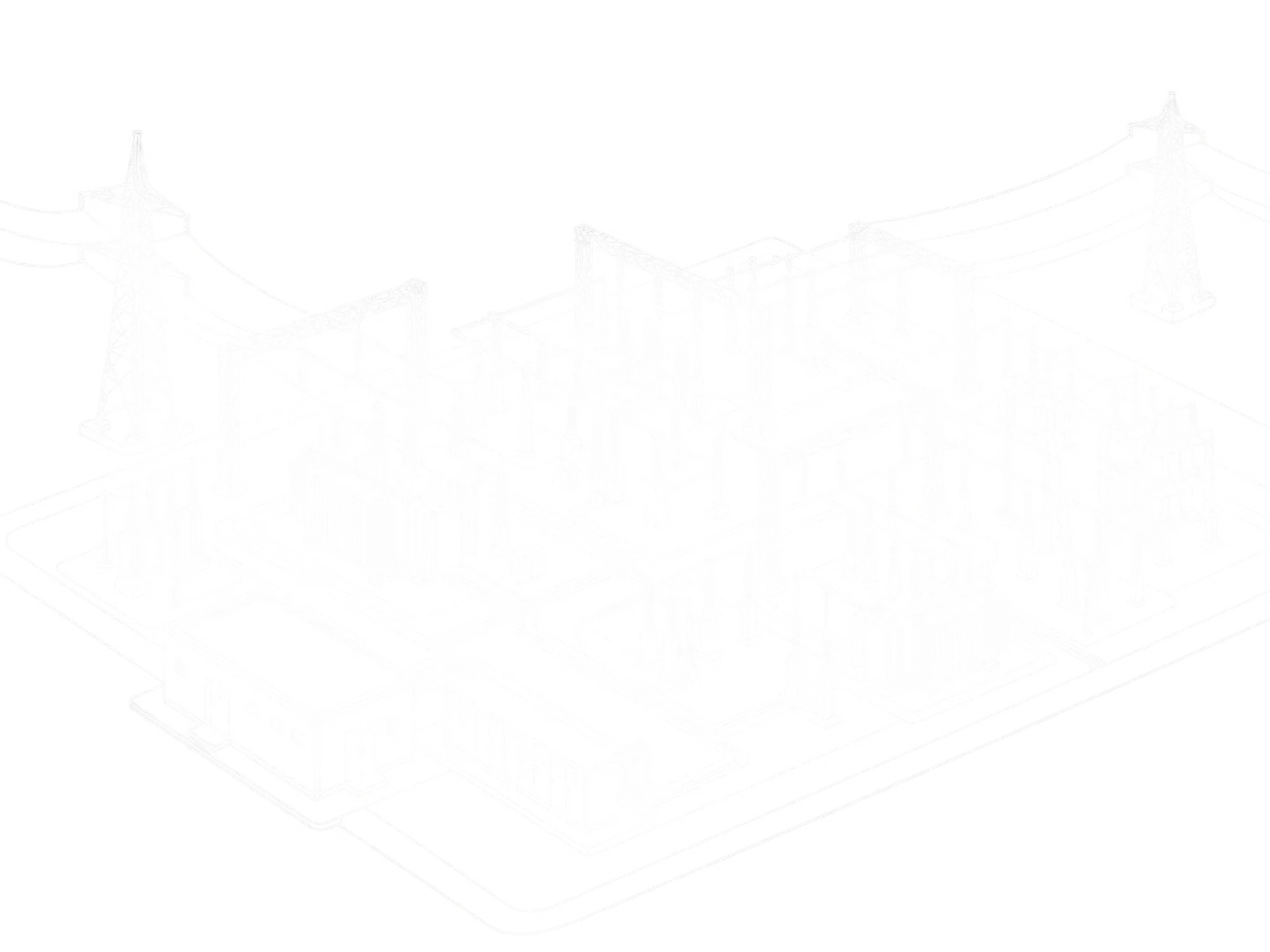 Isometric view of a power substation yard with transformers and transmission towers.
